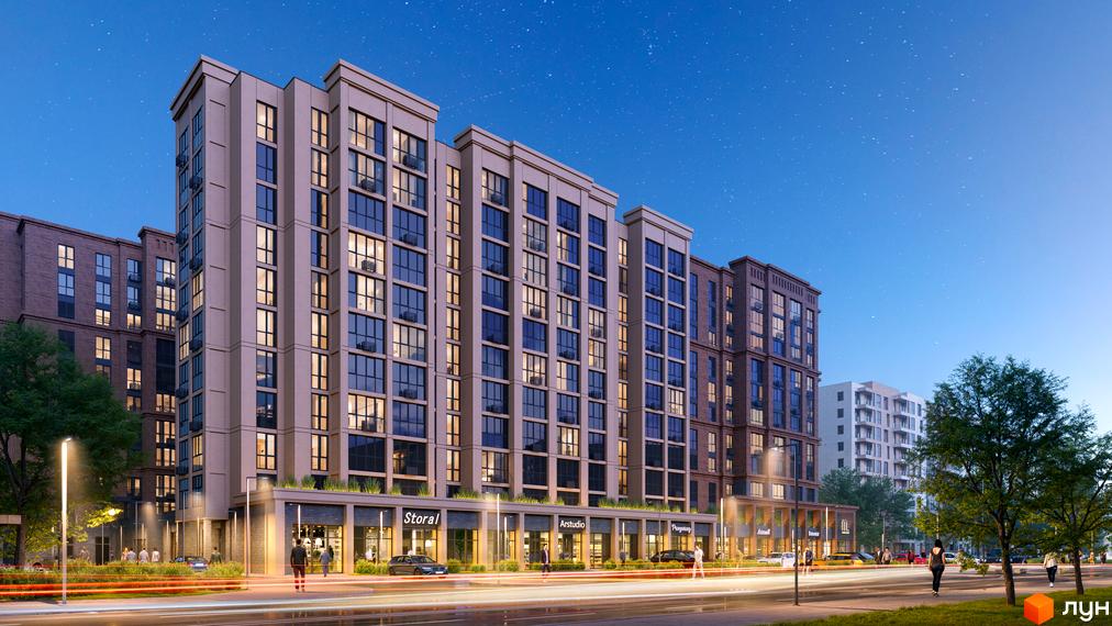 Житловий комплекс Мангеттен: багатоповерхові будинки з великими вікнами та комерційними приміщеннями на першому поверсі, освітлена вулиця з автомобілями та пішоходами.