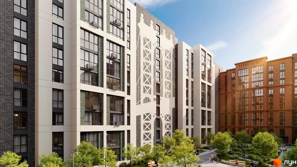 Новобудова ЖК Manhattan з цегляними та світлими фасадами, вікнами та кондиціонерами, оточена зеленим парком з людьми.