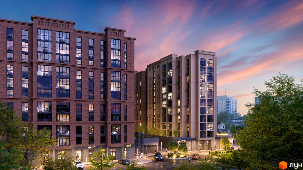 Новобудова Manhattan з цегляним фасадом та світлими елементами, з прибудинковою територією та деревами на фоні вечірнього неба.