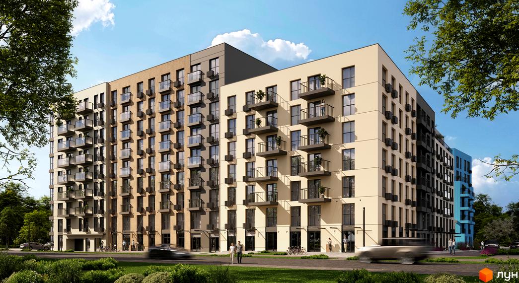 Зовнішній вигляд новобудови ЖК Sense City з балконами та вікнами. Навколо будинку зелена прибудинкова територія з деревами та газоном.