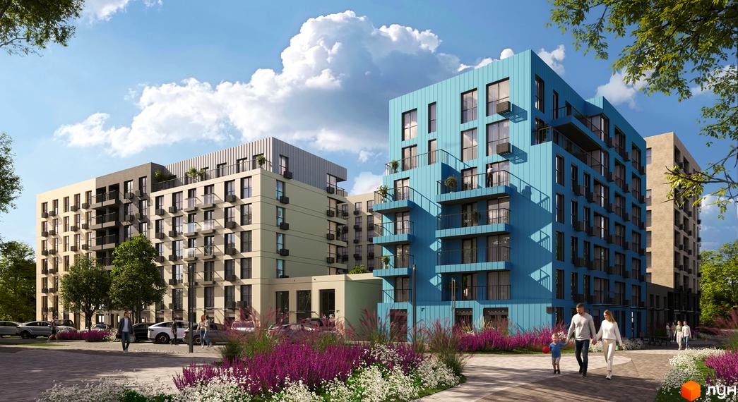 Житловий комплекс Sense City - це сучасні будинки з балконами та прибудинкова територія з квітами та деревами. Тут зображені люди, що гуляють біля будинків.