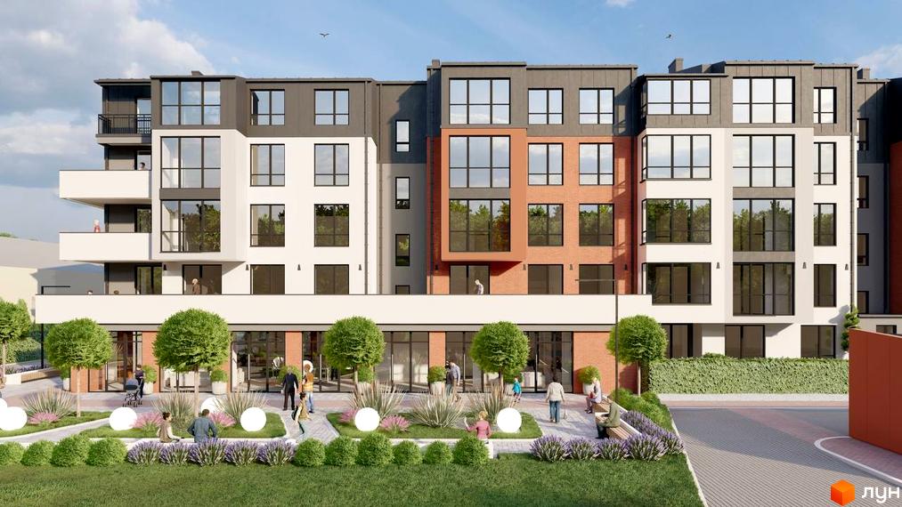 Зовнішній вигляд новобудови ЖК Затишний квартал з цегляними та білими фасадами, великими вікнами та балконами. Прибудинкова територія з зеленими насадженнями, доріжками та місцями для відпочинку.