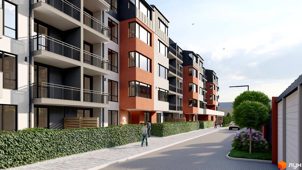 Зовнішній вигляд новобудови ЖК Затишний квартал з балконами та цегляними елементами фасаду, прибудинкова територія з доглянутим зеленим парканом та доріжками.