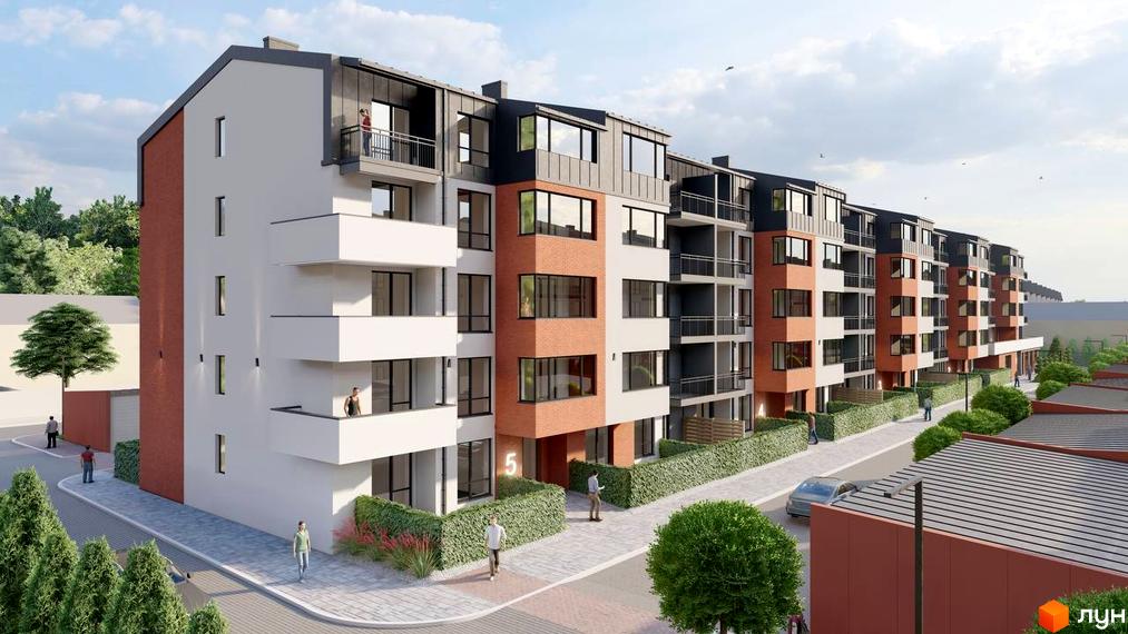 Зовнішній вигляд новобудови ЖК Затишний квартал з цегляними та білими фасадами, балконами та прибудинковою територією з кущами та деревами.