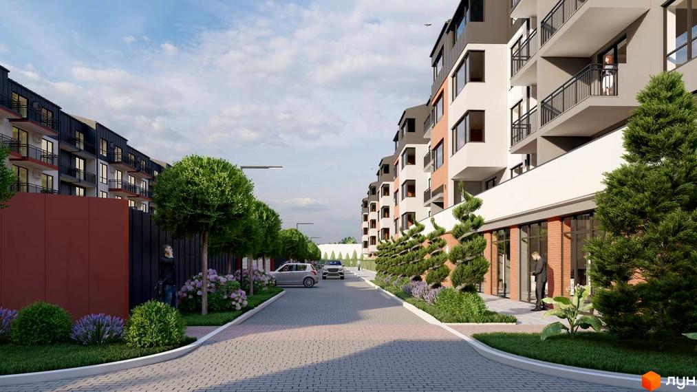 Житловий комплекс Затишний квартал: фасади будинків з балконами та панорамними вікнами, зелена прибудинкова територія з деревами та квітами, парковка.