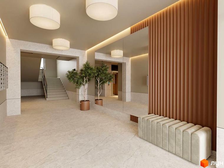 Інтер'єр холу житлового комплексу Затишний квартал з м'якою зоною, рослинами та дзеркальною стіною.