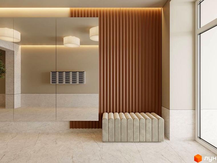 Сучасний дизайн холу ЖК Затишний квартал з м'якою банкеткою та вертикальним декором стін. Відмінний вибір для вашого нового житла.