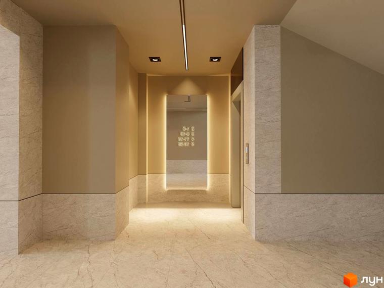 Дизайн холу в житловому комплексі Затишний квартал з мармуровою обробкою та підсвічуванням. Сучасний вигляд вхідної групи новобудови.