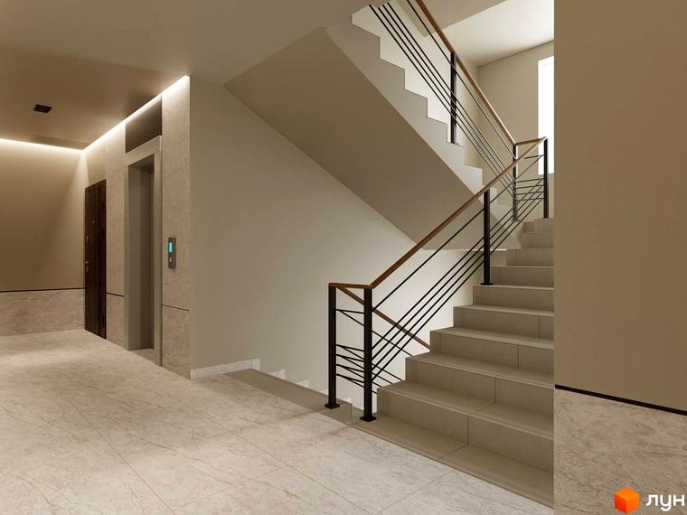 Інтер'єр холу житлового комплексу Затишний квартал з ліфтом та сходами. Сучасний дизайн оздоблення та освітлення.