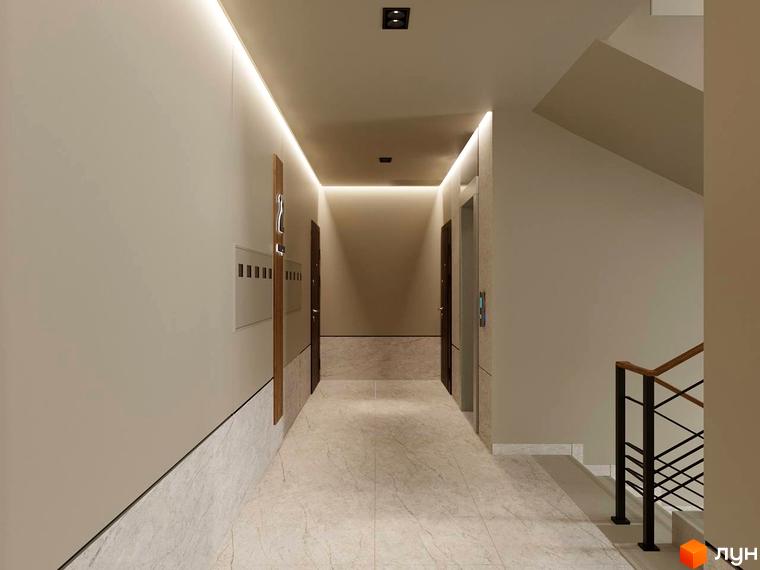 Інтер'єр холу житлового комплексу Затишний квартал з дверима та ліфтами. Оздоблення стін та підлоги виконано у світлих тонах.