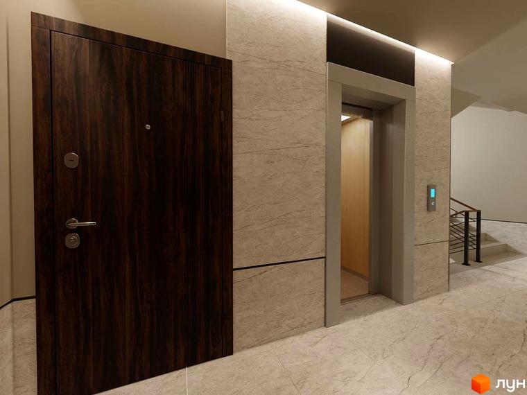 Сучасний вхід до ліфта та дверей у ЖК Затишний квартал. Оздоблення стін та підлоги мармуром, дерев'яні двері.