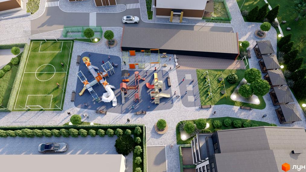 Житловий комплекс Затишний квартал: дитячі майданчики, футбольне поле та зони відпочинку. Сучасна архітектура та зелена прибудинкова територія.