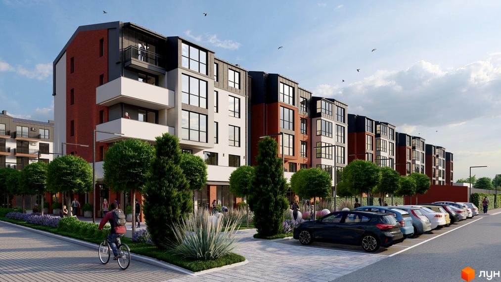 Зовнішній вигляд житлового комплексу Затишний квартал з цегляними та білими фасадами, великими вікнами та балконами. Прибудинкова територія озеленена деревами, кущами та має парковку.