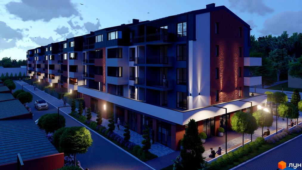 Зовнішній вигляд житлового комплексу Затишний квартал з цегляними та сірими фасадами, балконами та освітленням. Прибудинкова територія з деревами, лавками та доріжками.