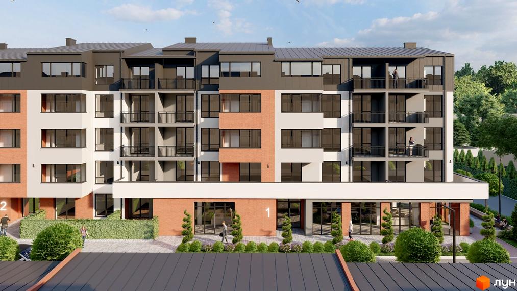 Фасад житлового комплексу Затишний квартал з цегляними та білими елементами, балконами та зеленим подвір'ям. Новобудова має сучасний дизайн та облаштовану прибудинкову територію.