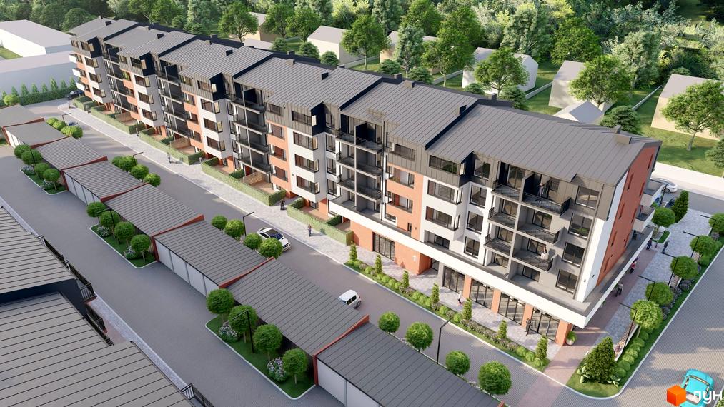 Зовнішній вигляд житлового комплексу Затишний квартал з цегляними та білими фасадами, балконами та сірим дахом. На прибудинковій території розташовані гаражі, дерева та доріжки.