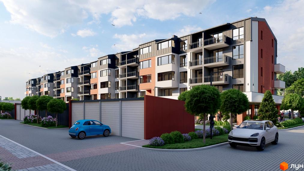 Житловий комплекс Затишний квартал - фасади з цегляними вставками та балконами, прибудинкова територія з деревами, кущами та автомобілями.