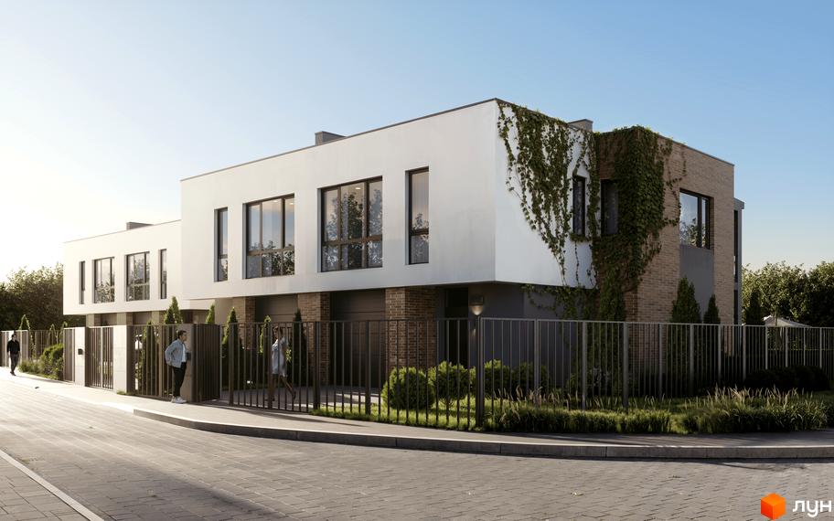 Зовнішній вигляд дуплексів Status Village з цегляними та білими фасадами, вікнами та зеленню. Прибудинкова територія з парканом та зеленими насадженнями.
