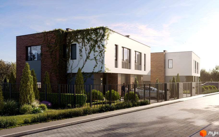 Дуплекси Status Village з цегляним та білим фасадом, зеленою рослинністю та парканом. Прибудинкова територія з доглянутими газонами та деревами.
