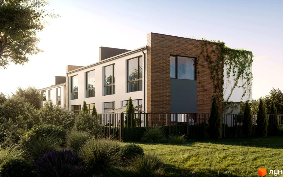 Дуплекси Status Village з цегляним фасадом та озелененою стіною, оточені доглянутим садом та парканом.