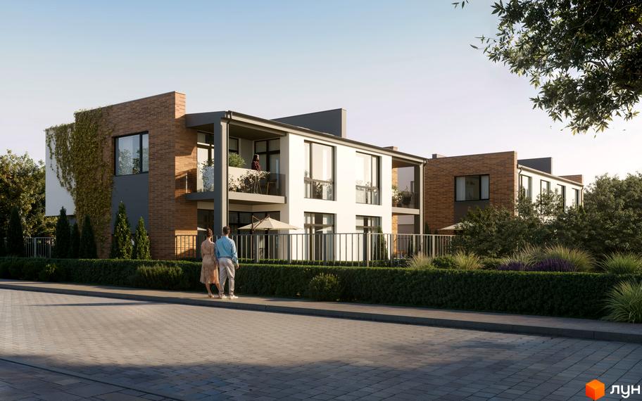 Зовнішній вигляд дуплексів Status Village з цегляними та білими фасадами, балконами та прибудинковою територією з огорожею та зеленими насадженнями. Пара гуляє біля будинку.