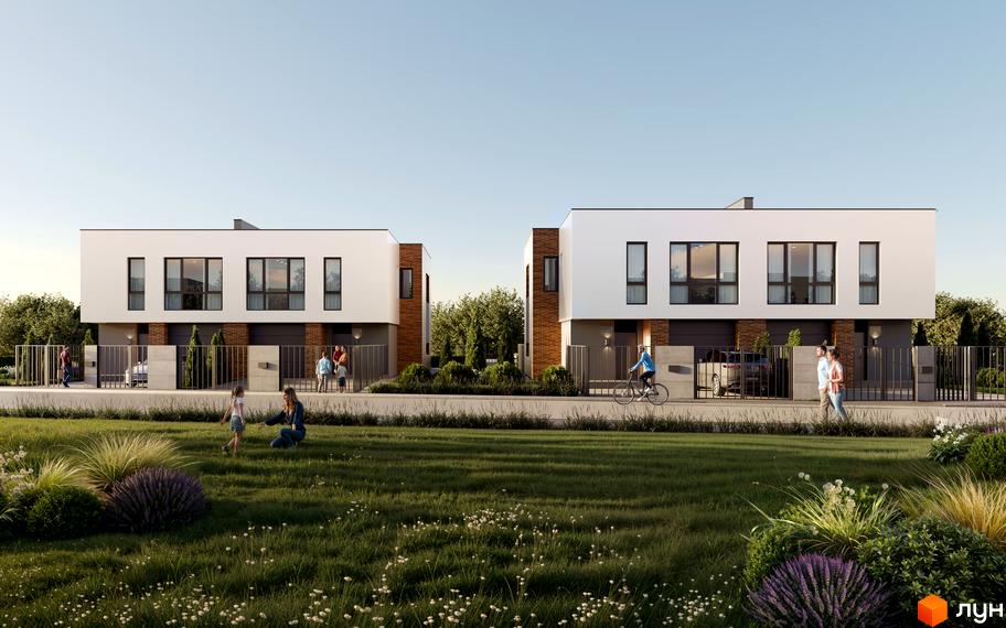 Зовнішній вигляд дуплексів Status Village з цегляними вставками та великими вікнами, на тлі зелений газон з квітами та людьми.