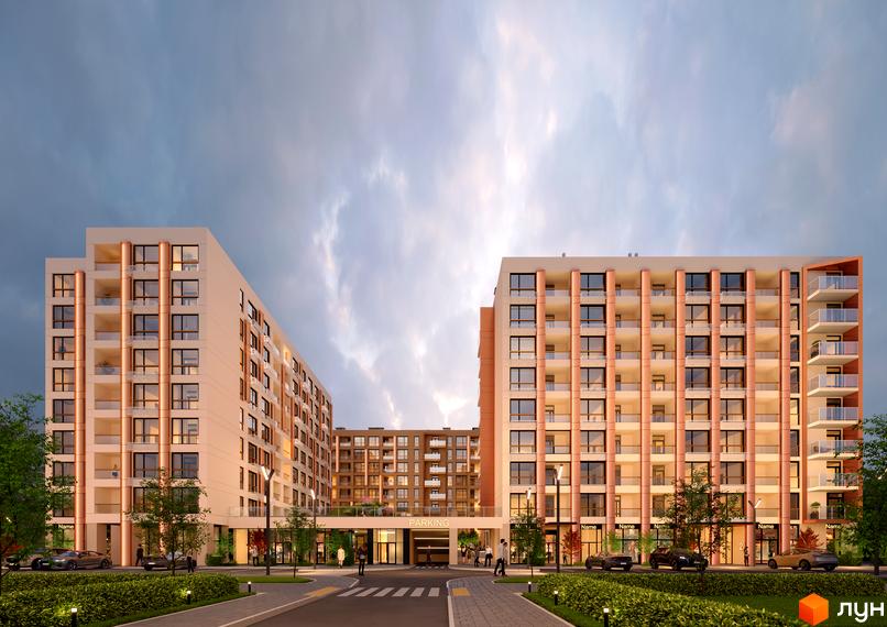 Житловий комплекс Estet Hill - фасади будівель з балконами та вікнами, вхідна група з вивіскою 