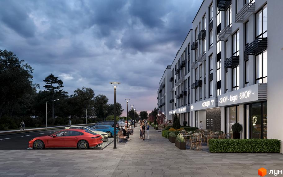 Житловий комплекс Parkway House з фасадом з білої штукатурки та темними балконними плитами. Поруч розташована доглянута прибудинкова територія з пішохідною зоною, місцями для відпочинку та паркування.