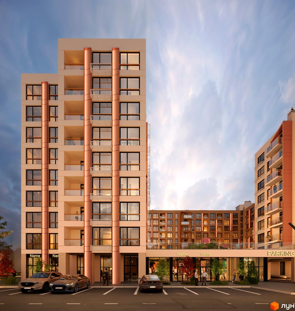 Житловий комплекс Estet Hill з фасадами світло-бежевого кольору та мідними колонами, з парковкою та зеленими насадженнями.