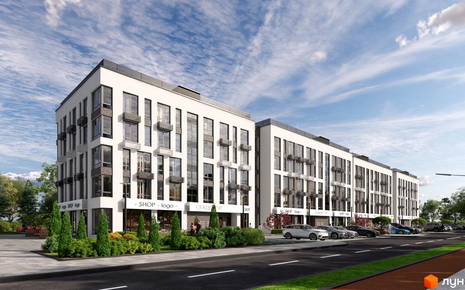 Житловий комплекс Parkway House - це сучасна багатоповерхова новобудова з панорамними вікнами та балконами, розташована біля доглянутої прибудинкової території з зеленими насадженнями та дорогою.