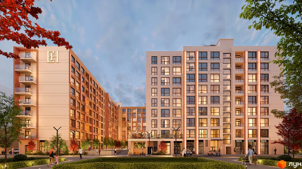 Житловий комплекс Estet Hill: фасади будівель з балконами та великими вікнами, прибудинкова територія з деревами та пішохідними доріжками.