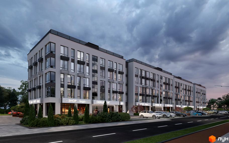 Зовнішній вигляд житлового комплексу Parkway House з фасадами, що мають багато вікон та балконів, та прибудинковою територією з деревами та дорогою.