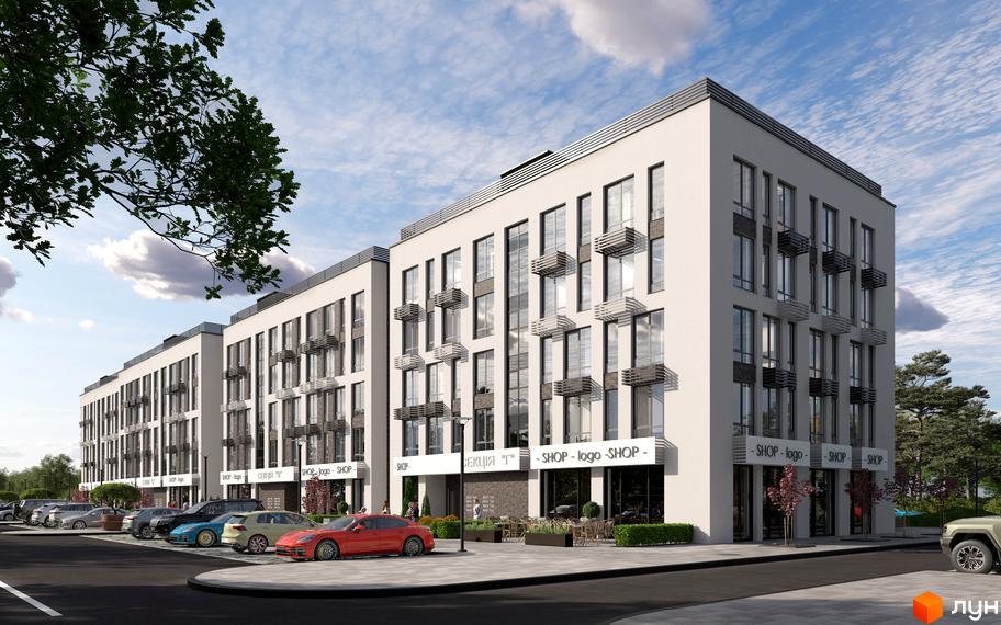 Житловий комплекс Parkway House з фасадами білого кольору, великими вікнами та балконами, паркуванням та зеленими насадженнями.