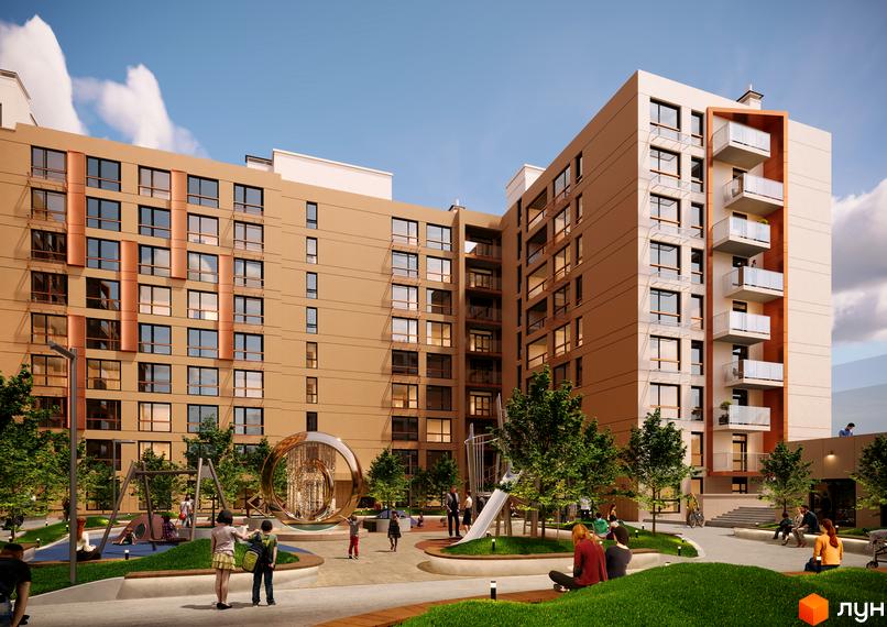 Житловий комплекс Estet Hill з коричневим фасадом, балконами та дитячим майданчиком. На території комплексу є зелені насадження та місця для відпочинку.