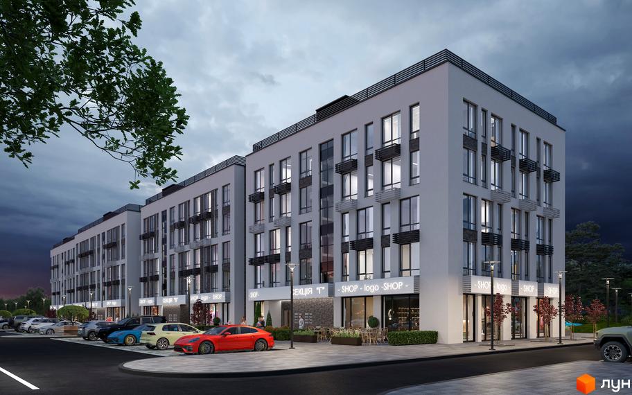 Житловий комплекс Parkway House з фасадами з вікнами та балконами, перед яким розташована парковка з автомобілями та зелені насадження.