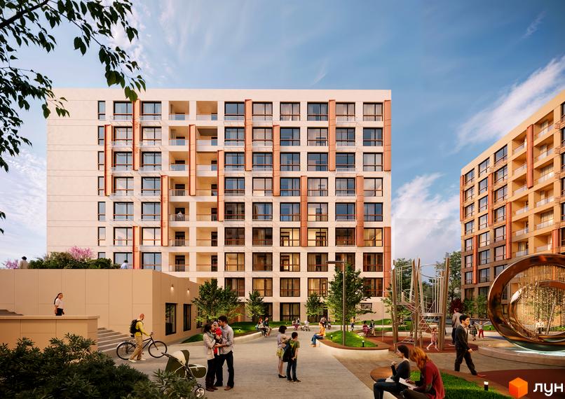 Новобудова ЖК Estet Hill з сучасним фасадом та балконами, облаштований внутрішній двір з дитячим майданчиком та зонами відпочинку.