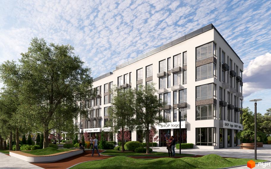 Житловий комплекс Parkway House – це багатоповерхова новобудова з великими вікнами та балконами, оточена зеленою зоною з деревами та лавками.