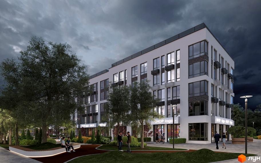 Зовнішній вигляд житлового комплексу Parkway House з вікнами та балконами, прибудинкова територія з деревами та лавками.