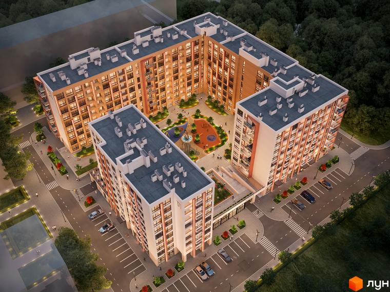 Житловий комплекс Estet Hill з багатоповерховими будинками та упорядкованою прибудинковою територією з дитячим майданчиком.