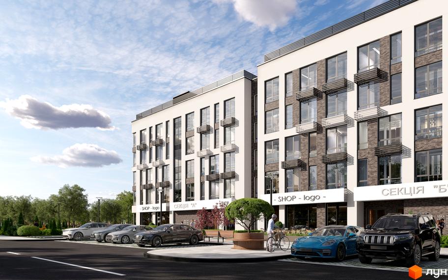 Житловий комплекс Parkway House з фасадами з білої штукатурки та темної цегли, великими вікнами та балконами, на тлі блакитного неба з хмарами. Поруч розташовані автомобілі та зелена зона з деревами.