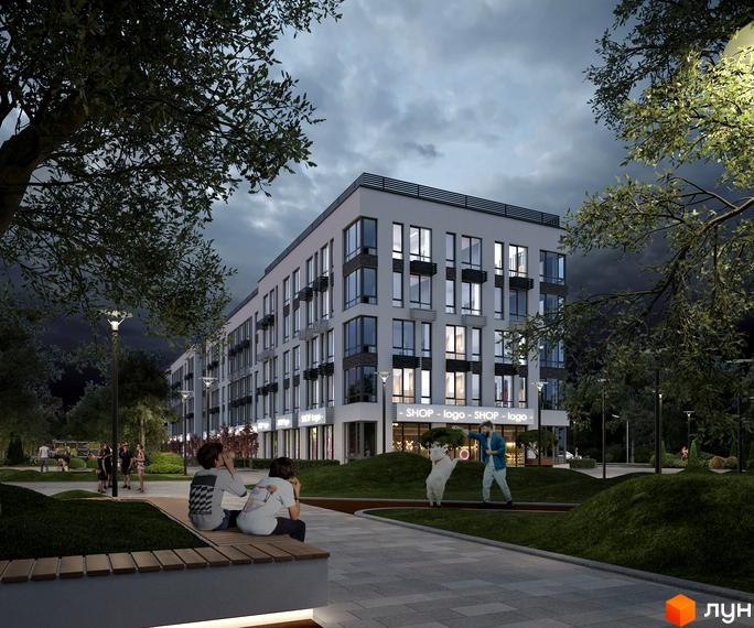 Житловий комплекс Parkway House з фасадами з вікон та балконів, прибудинкова територія з деревами та місцями для відпочинку.