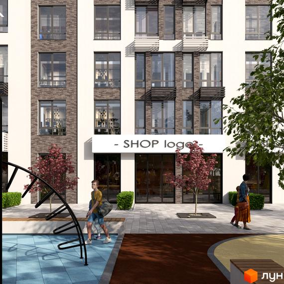 Житловий комплекс Parkway House з фасадом з цегли та білої штукатурки, вікнами великого розміру та прибудинковою територією з деревами та дитячим майданчиком.