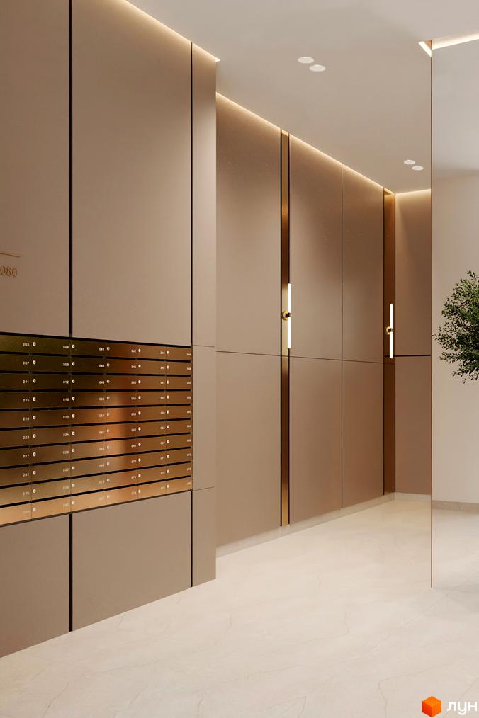 Сучасний дизайн холу ЖК Estet Hill з поштовими скриньками та освітленням. Елегантний інтер'єр новобудови.