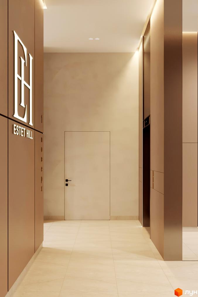Дизайн холу новобудови ЖК Estet Hill з елегантним логотипом та підсвічуванням. Прибудинкова територія відсутня на зображенні.