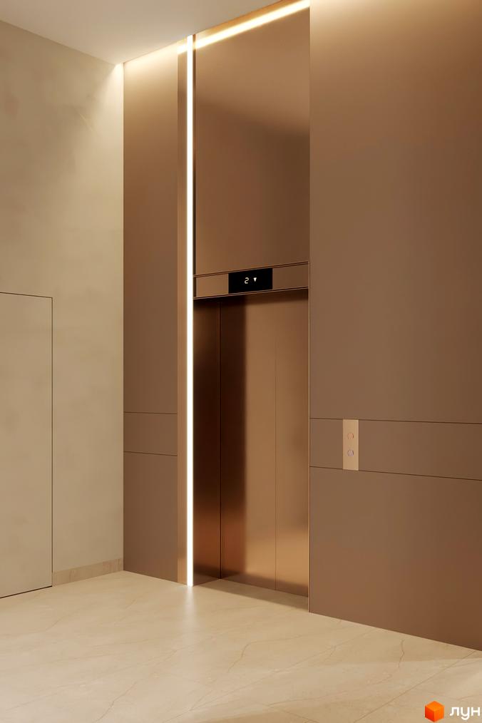 Сучасний ліфт у новобудові ЖК Estet Hill з мідними елементами та підсвіткою. Підлога оздоблена світлою плиткою.