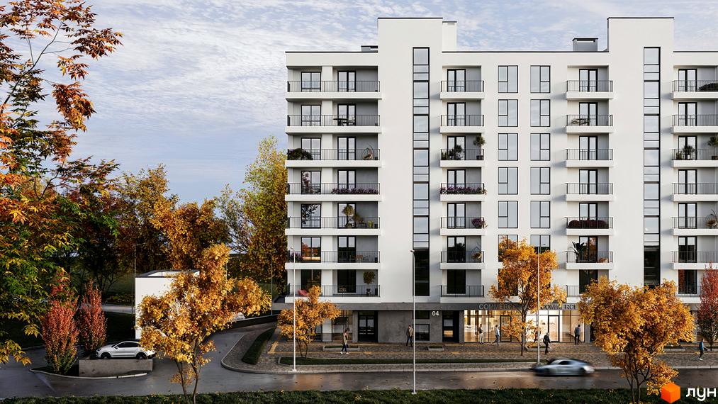 Новобудова ЖК HILL SIDE з балконами та великими вікнами, оточена осінніми деревами та прибудинковою територією.