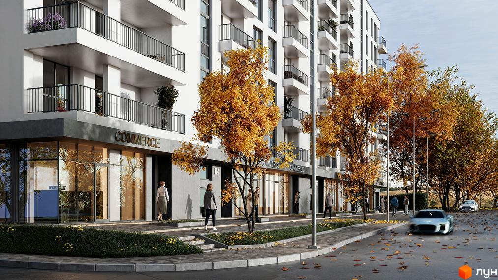 Житловий комплекс HILL SIDE з фасадами білого кольору та балконами, поруч дерева з жовтим листям та тротуар з пішоходами.