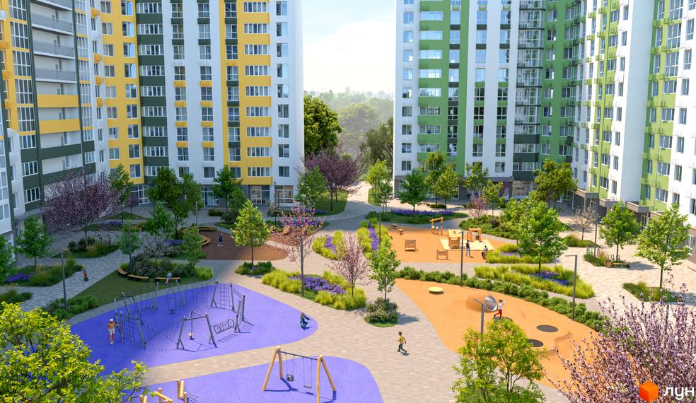 Житловий комплекс Сирецькі сади: фасади будівель жовтого та зеленого кольорів, внутрішній двір з дитячими майданчиками та зонами відпочинку.