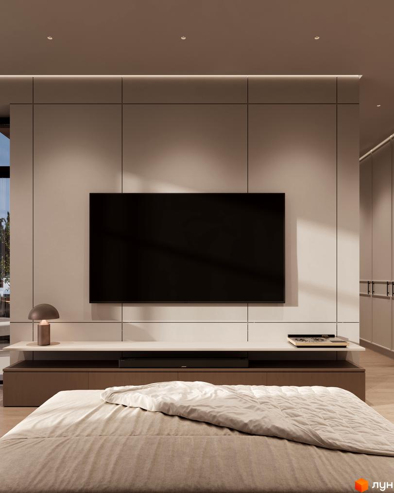 Інтер'єр спальні з телевізором та ліжком у КМ Sofia Village. Сучасний дизайн кімнати з нейтральними кольорами та мінімалістичними меблями.