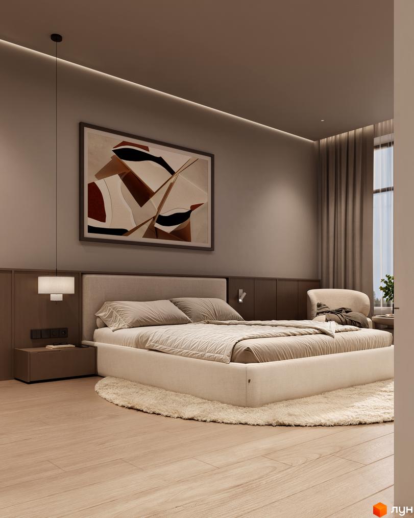 Інтер'єр спальні в КМ Sofia Village з двоспальним ліжком, картиною на стіні та приліжковою тумбою. Затишна атмосфера для відпочинку.